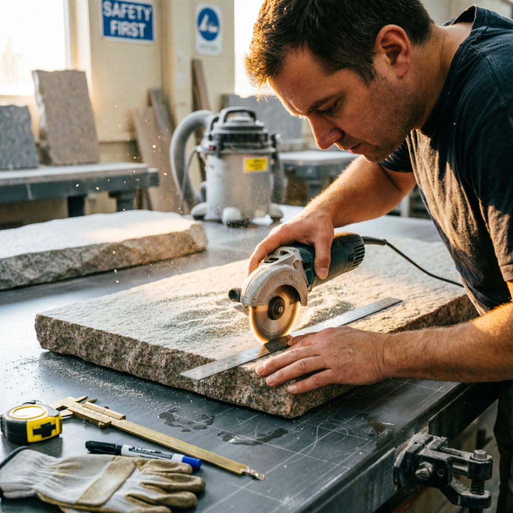 Craftsman fabricating granite countertop