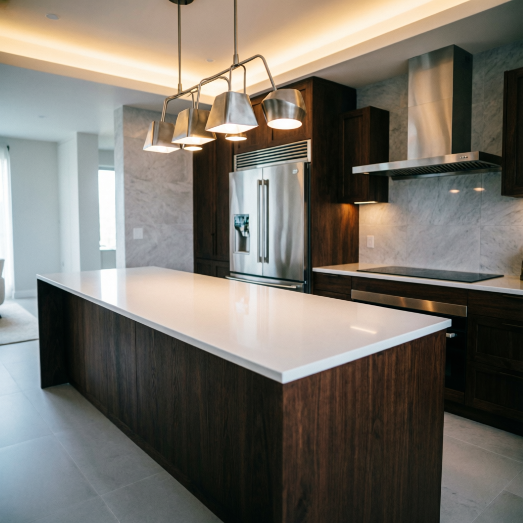 White quartz kitchen island
